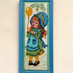 Vintage Crewel needle point wall decor. 1970s retro bohemian little girl